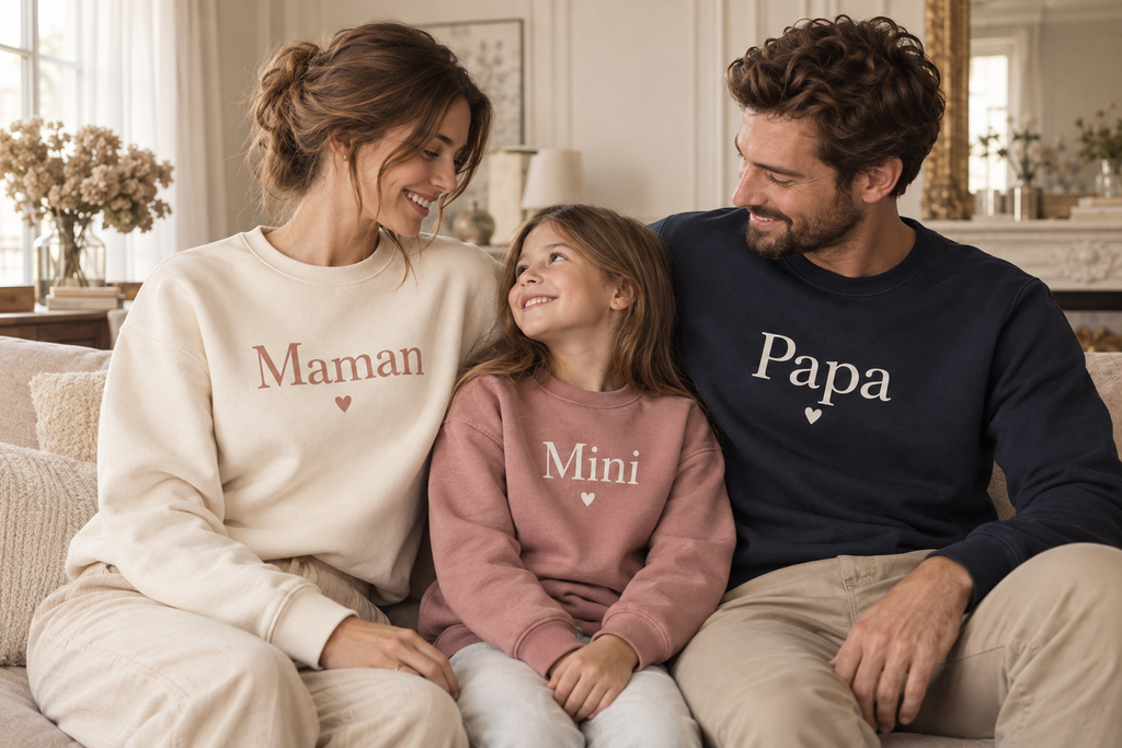 Adultos e criança usando moletons personalizados