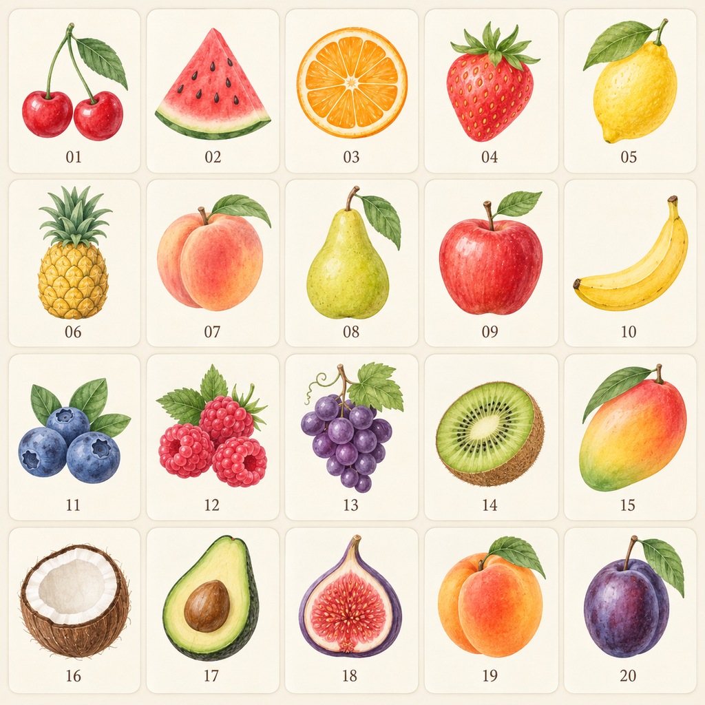 Catalogue de 20 motifs de fruits pour body bébé personnalisé