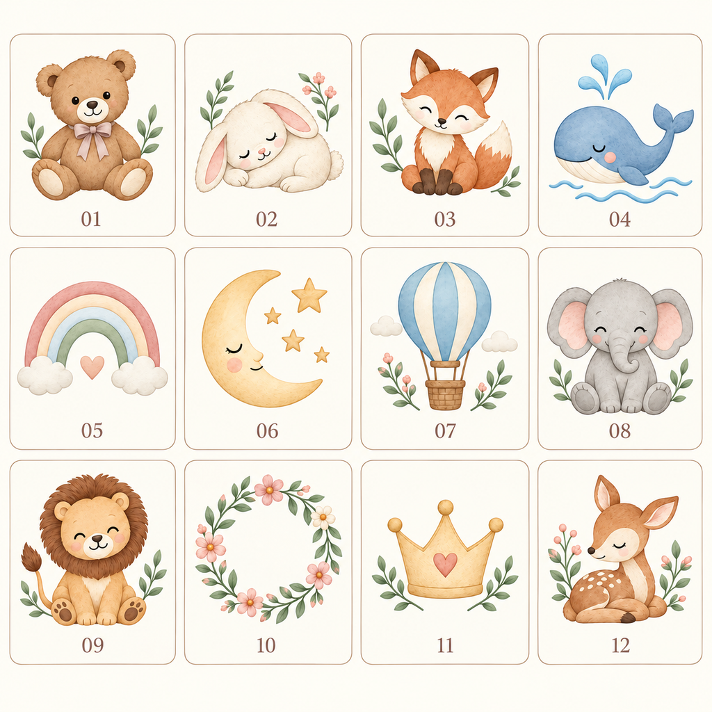 Catalogue de 12 motifs imprimés pour couverture bébé, modèles 01 à 12